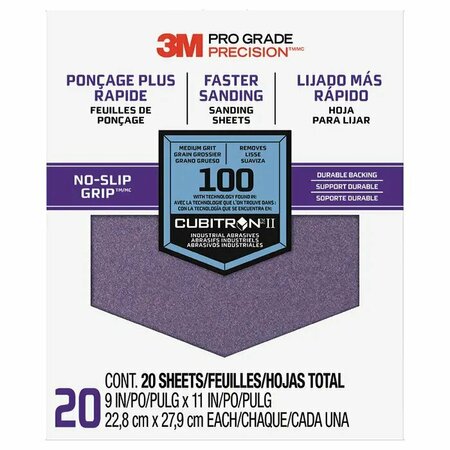 3M 9"x11" Pro Grade Precision No-Slip Grip Sanding Sheet 100-Grit, PK 20 27100 Tri-20